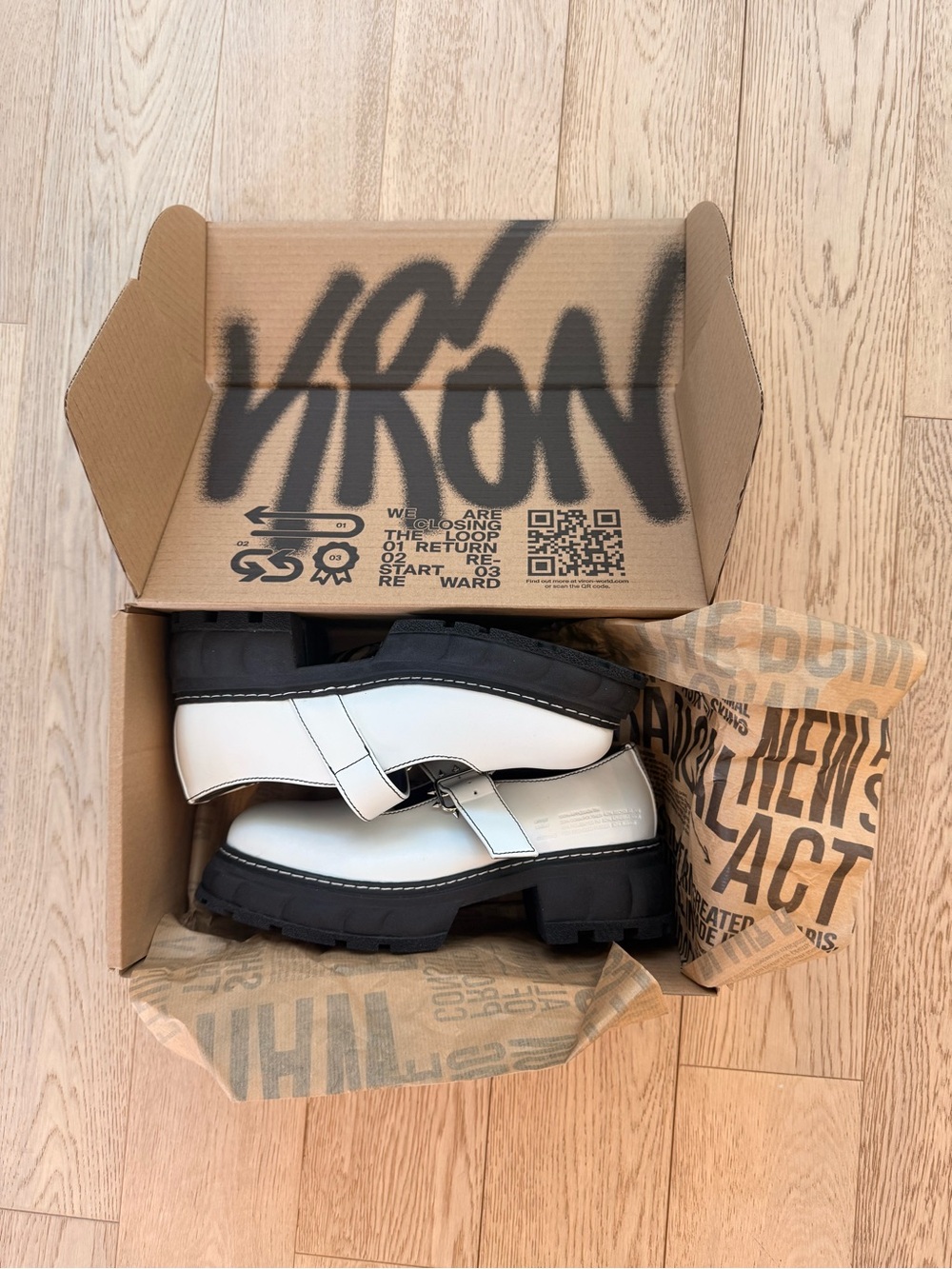 Chunky White Leather Mary Jane Flats with Black Lug Sole